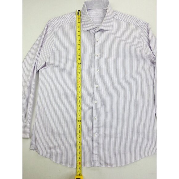 Bugatchi Uomo Size 18.5 34-35 Mens Lavender White Stripe Spread Collar L/S Shirt - Picture 12 of 13